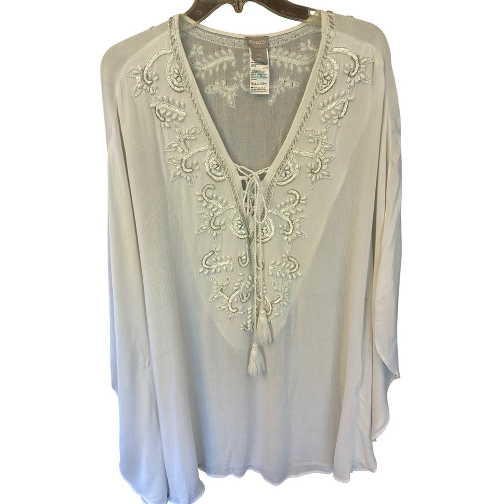 Chico's Kaftan Top Women L/XL Cream Excellent Embroidered Sequin Tassel Boho